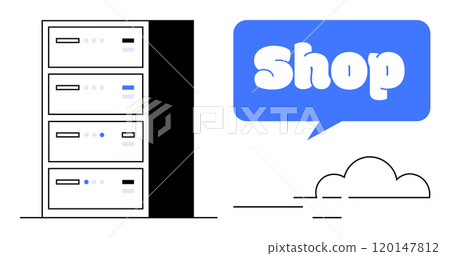 Server rack with a cloud illustration and Shop speech bubble. Ideal for e-commerce, online shops, technology services, cloud computing, and web hosting. Simple minimalist style in black, blue 120147812
