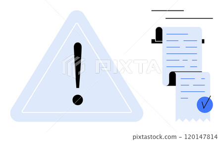 A warning triangle with an exclamation mark beside two checkmarked documents. Ideal for safety warnings, documentation processes, compliance checks, risk management, and administrative tasks. Modern A warning triangle with an exclamation mark beside two checkmarked documents. Ideal for safety warnings, documentation processes, compliance checks, risk management, and administrative tasks. Modern 120147814