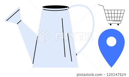 A light blue watering can with black details stands next to a blue location pin and a simple shopping cart icon in black and white. Ideal for gardening, e-commerce, navigation, shopping, online A light blue watering can with black details stands next to a blue location pin and a simple shopping cart icon in black and white. Ideal for gardening, e-commerce, navigation, shopping, online 120147824