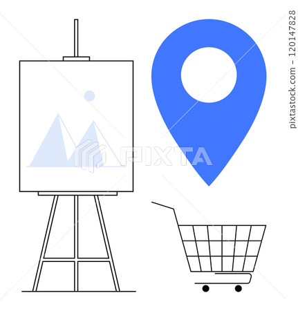 Art canvas on easel with mountain design, blue location marker, and shopping cart. Ideal for art, navigation, shopping, digital marketing and graphic design. Modern minimalist style Art canvas on easel with mountain design, blue location marker, and shopping cart. Ideal for art, navigation, shopping, digital marketing and graphic design. Modern minimalist style 120147828