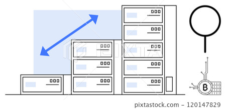 Blue arrow pointing upwards emphasizes growth of server stacks. Ideal for blockchain technology, cryptocurrency mining, data centers expansion, fintech innovations, and digital asset management 120147829