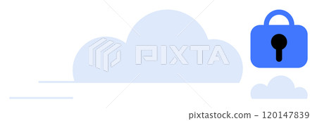 Large blue cloud with a smaller cloud in the background. Blue padlock symbol to the right. Ideal for data security, cloud storage, information privacy, online protection, and secure computing 120147839