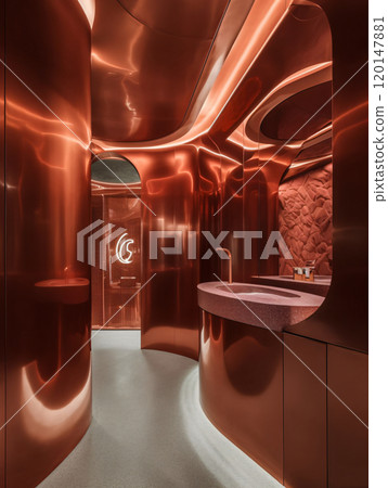 Futuristic copper bathroom design with curved walls and modern fixtures 120147881