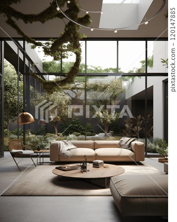 Modern indoor-outdoor living space with greenery and minimalist furniture design 120147885