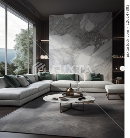 Modern luxury living room with marble accent wall and large sofa Modern luxury living room with marble accent wall and large sofa 120147892