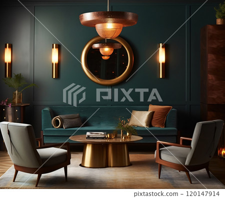 Elegant mid-century modern living room with green accents and wooden furniture 120147914