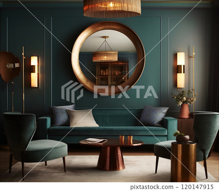 Elegant modern living room with teal decor and copper accents 120147915