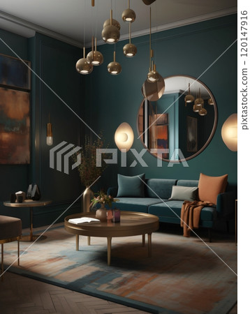 Modern luxurious living room with dark teal walls and brass accents 120147916