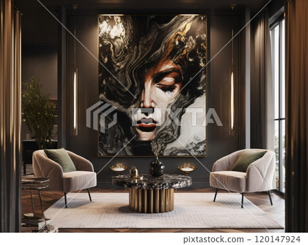 Elegant modern living room with abstract face artwork and luxurious decor 120147924