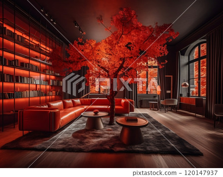 Modern living room with red maple tree and contemporary decor in vibrant interior design Modern living room with red maple tree and contemporary decor in vibrant interior design 120147937