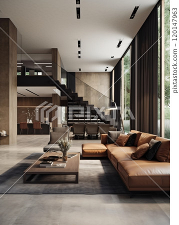 Modern luxury living room interior with stylish furniture and large windows 120147963