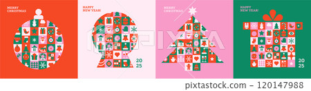 Christmas card templates set. Geometric icons in abstract modern geometric flat style. Winter posters collection - bauble, snowball, pine tree and gift box silhouettes. Bauhaus design. Vector Christmas card templates set. Geometric icons in abstract modern geometric flat style. Winter posters collection - bauble, snowball, pine tree and gift box silhouettes. Bauhaus design. Vector 120147988