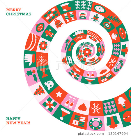 Merry Christmas and Happy New Year 2025 vector illustration for greeting cards, posters, holiday covers in modern minimalist geometric style. Spiral simple tiles with festive elements. Merry Christmas and Happy New Year 2025 vector illustration for greeting cards, posters, holiday covers in modern minimalist geometric style. Spiral simple tiles with festive elements. 120147994