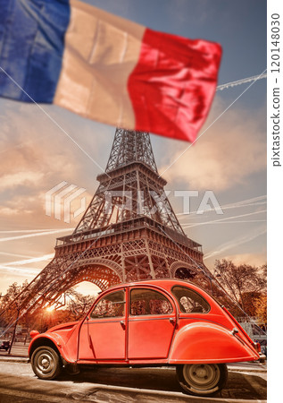 Paris with two symbols the Eiffel Tower and old red car in France 120148030