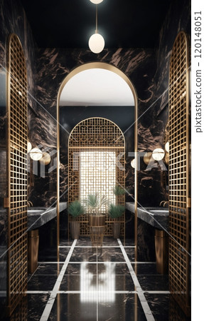 Luxurious modern bathroom with marble, gold accents, and decorative plants 120148051