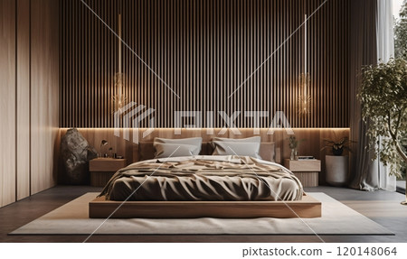 Modern minimalist bedroom with wooden accents and natural light 120148064