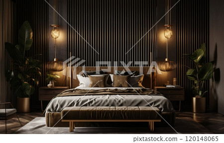 Luxury modern bedroom design with earthy tones and indoor plants 120148065