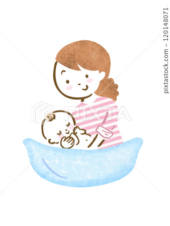 Hand drawn illustration of a mother bathing her baby Hand drawn illustration of a mother bathing her baby 120148071
