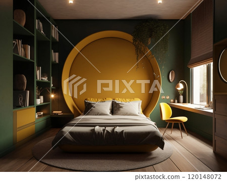 Contemporary bedroom with bold circular headboard and mid-century modern accents in earthy tones Contemporary bedroom with bold circular headboard and mid-century modern accents in earthy tones 120148072