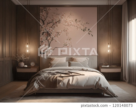 Elegant bedroom with cherry blossom mural and cozy lighting 120148073