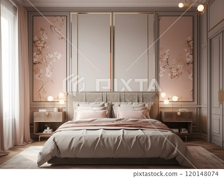 Elegant bedroom interior with soft pink decor and floral wall art 120148074