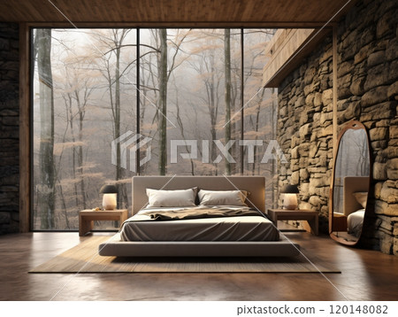 Modern rustic bedroom with forest view: cozy interior and natural design elements 120148082