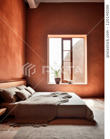 Cozy minimalist bedroom with earthy tones and natural light 120148086