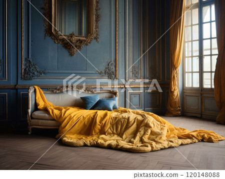 Elegant vintage room with yellow blanket and blue cushions on antique sofa 120148088