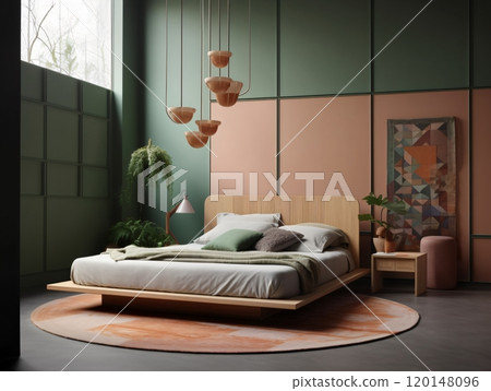 Modern minimalist bedroom with pastel tones and geometric decor 120148096