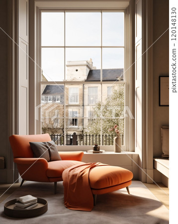 Cozy modern living room interior with orange chair and ottoman by large window overlooking urban landscape 120148130