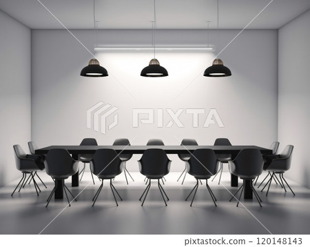 Modern minimalist conference room with black chairs and industrial lighting 120148143