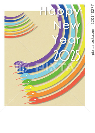 新年賀卡蛇年新年賀卡模板彩色彩虹色蛇插畫 120148277