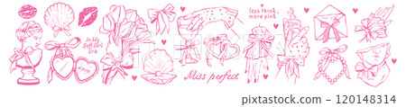 Coquettish pink girly collection, vector hand drawn woman hands in gloves, romantic wedding design.  120148314