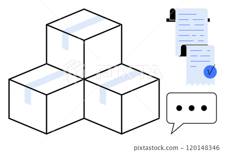 Three packed boxes taped securely in 3D layout. Receipt or invoice with a blue checkmark and speech bubble with communication dots. Ideal for e-commerce, shipping, logistics, inventory, tracking 120148346
