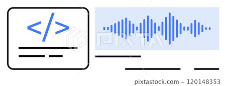 A coding tag symbol alongside a blue sound wave form on a light background. Ideal for technology coding web development audio processing modern design and digital interfaces. Clean simple style 120148353
