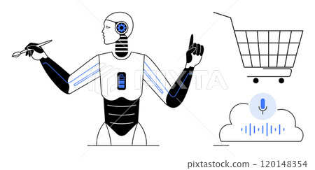 A robot with a pencil and a raised finger is next to a shopping cart and a voice command symbol on a cloud. Ideal for artificial intelligence, robotics, automation, e-commerce, and voice recognition 120148354