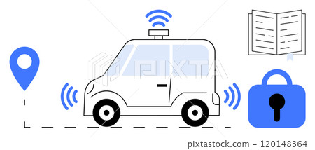 Cartoon-style autonomous car with connectivity signals, GPS location pin, open book, and padlock icon. Ideal for technology, autonomous vehicles, internet of things, smart transport, and data Cartoon-style autonomous car with connectivity signals, GPS location pin, open book, and padlock icon. Ideal for technology, autonomous vehicles, internet of things, smart transport, and data 120148364