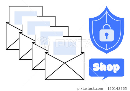 Five envelopes symbolize email communication. Adjacent is a blue shield icon with a lock indicating security, and a speech bubble with the word Shop. Ideal for email security, online shopping Five envelopes symbolize email communication. Adjacent is a blue shield icon with a lock indicating security, and a speech bubble with the word Shop. Ideal for email security, online shopping 120148365