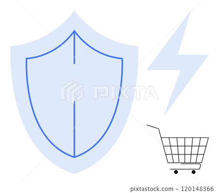 Shield, lightning bolt, and shopping cart symbols imply security, speed, and e-commerce. Ideal for online shopping, cybersecurity, digital services, fast delivery, and consumer protection themes Shield, lightning bolt, and shopping cart symbols imply security, speed, and e-commerce. Ideal for online shopping, cybersecurity, digital services, fast delivery, and consumer protection themes 120148366
