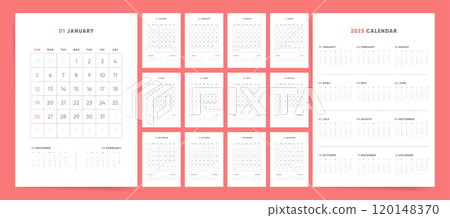 Minimalist 2025 calendar template with monthly and yearly views, clean layout in clean white design Minimalist 2025 calendar template with monthly and yearly views, clean layout in clean white design 120148370