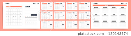 Modern 2025 calendar with notes section, minimalist orange and white design, monthly and yearly overview 120148374