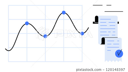 A line graph with blue data points on a grid and an invoice receipt with a checkmark. Ideal for financial reports, business analysis, economic trends, accounting, and data visualization. Clean 120148397