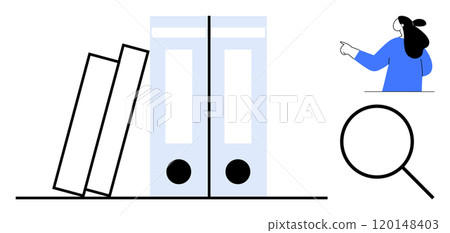 Two tilted folders next to two upright folders, a magnifying glass, and a person pointing. Ideal for organization productivity office work document management and research themes. Simple modern style 120148403