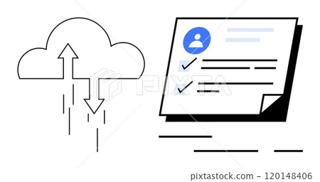 Cloud with arrows pointing up and down visualizes data transfer adjacent document showcases checklist with user avatar. Ideal for data management, cloud computing, digital documentation, tech Cloud with arrows pointing up and down visualizes data transfer adjacent document showcases checklist with user avatar. Ideal for data management, cloud computing, digital documentation, tech 120148406