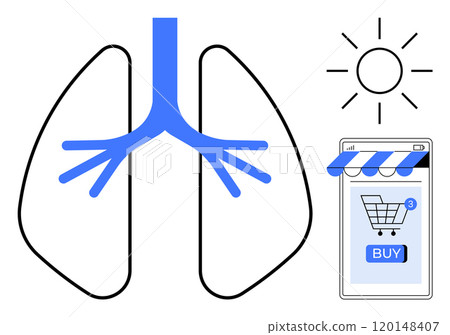 Depicts blue lungs, a sun, and a smartphone with a shopping cart icon. Ideal for health, medical, wellness, online shopping, and e-commerce themes. Simple, clean style 120148407
