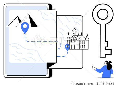 Map with location pins leading from pyramids to a castle, held by a person in blue. Ideal for travel, exploration, navigation, historical journeys, and digital adventures. Simple vector design Map with location pins leading from pyramids to a castle, held by a person in blue. Ideal for travel, exploration, navigation, historical journeys, and digital adventures. Simple vector design 120148431