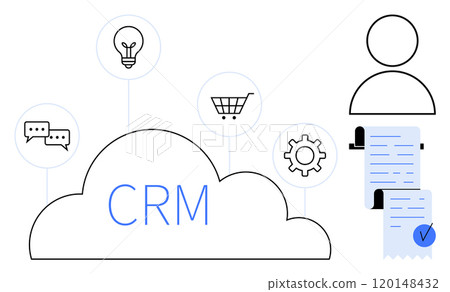 CRM text in a cloud surrounded by a shopping cart, light bulb, chat bubbles, and gear icons. Includes CV with human symbol. Ideal for business management, customer relations, data organization 120148432