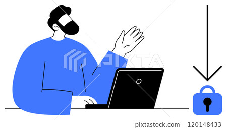 A man waves his hand while working on a laptop. A lock icon with a downward arrow suggests security. Ideal for cybersecurity, tech support, online safety, digital communication, work from home A man waves his hand while working on a laptop. A lock icon with a downward arrow suggests security. Ideal for cybersecurity, tech support, online safety, digital communication, work from home 120148433