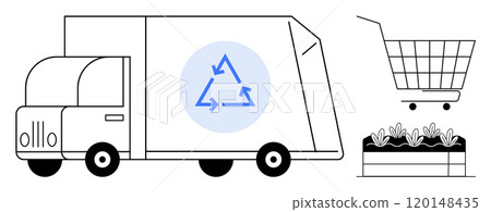 Garbage truck with recycling symbol, a shopping cart, and a garden bed with plants. Ideal for sustainability, environment, recycling, eco-friendly transportation, and green living concepts Garbage truck with recycling symbol, a shopping cart, and a garden bed with plants. Ideal for sustainability, environment, recycling, eco-friendly transportation, and green living concepts 120148435