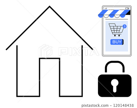 Black outline of house with shopping cart on mobile device and lock. Ideal for e-commerce, online security, smart home, remote purchasing and digital privacy. Simple flat design Black outline of house with shopping cart on mobile device and lock. Ideal for e-commerce, online security, smart home, remote purchasing and digital privacy. Simple flat design 120148438